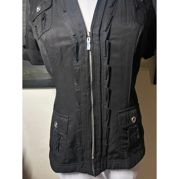 WHBM Black Short Sleeve Zip Up Ruffle Utility Jacket Blouse 4 - Picture 2 of 6